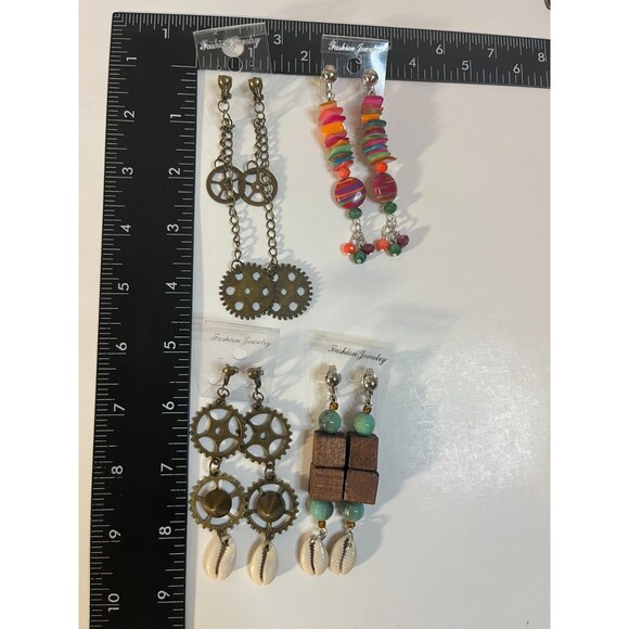 Cowrie Shells, Metal, Resin Clip On Earrings 4 Pair Dangles 2"-4" USA Made G5 - Picture 10 of 10